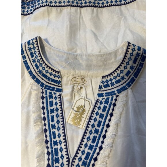 Mud Pie Sleeveless White & Blue Embroidered Shift Dress With Fringe Hem XS - Picture 4 of 4